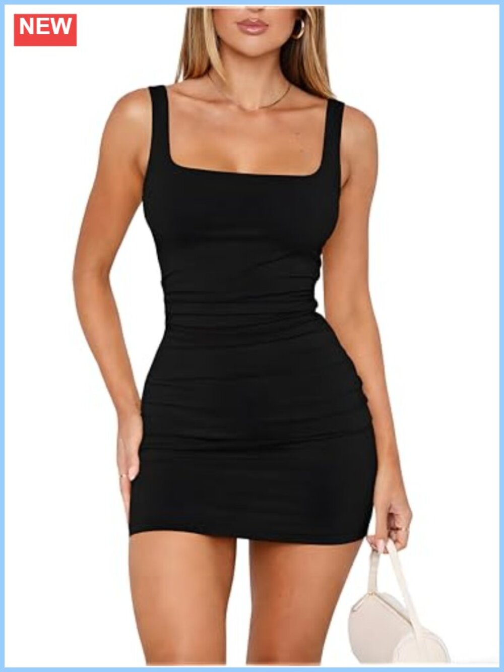 Women's Square Neck Sleeveless Ruched Bodycon Mini Tank Dress Double Lined